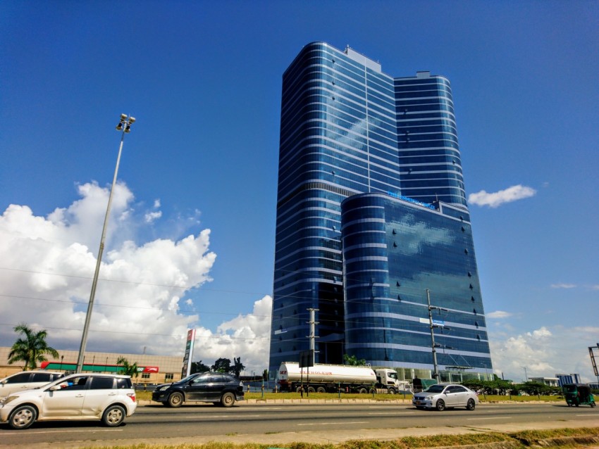 The beautiful blue tall PSSSF Building in Dar es salaam